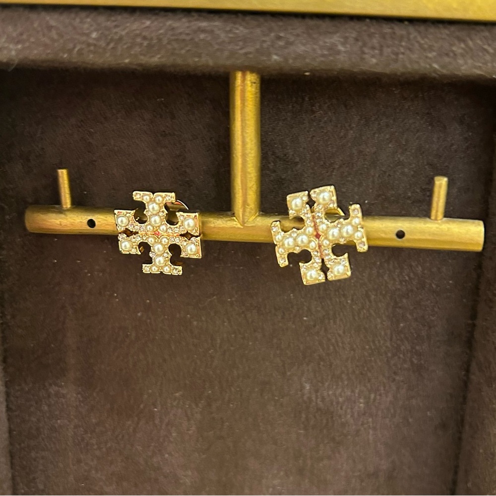 Tory Burch Gold-Tone Pearl pave Logo Stud Earrings gold color new large logo